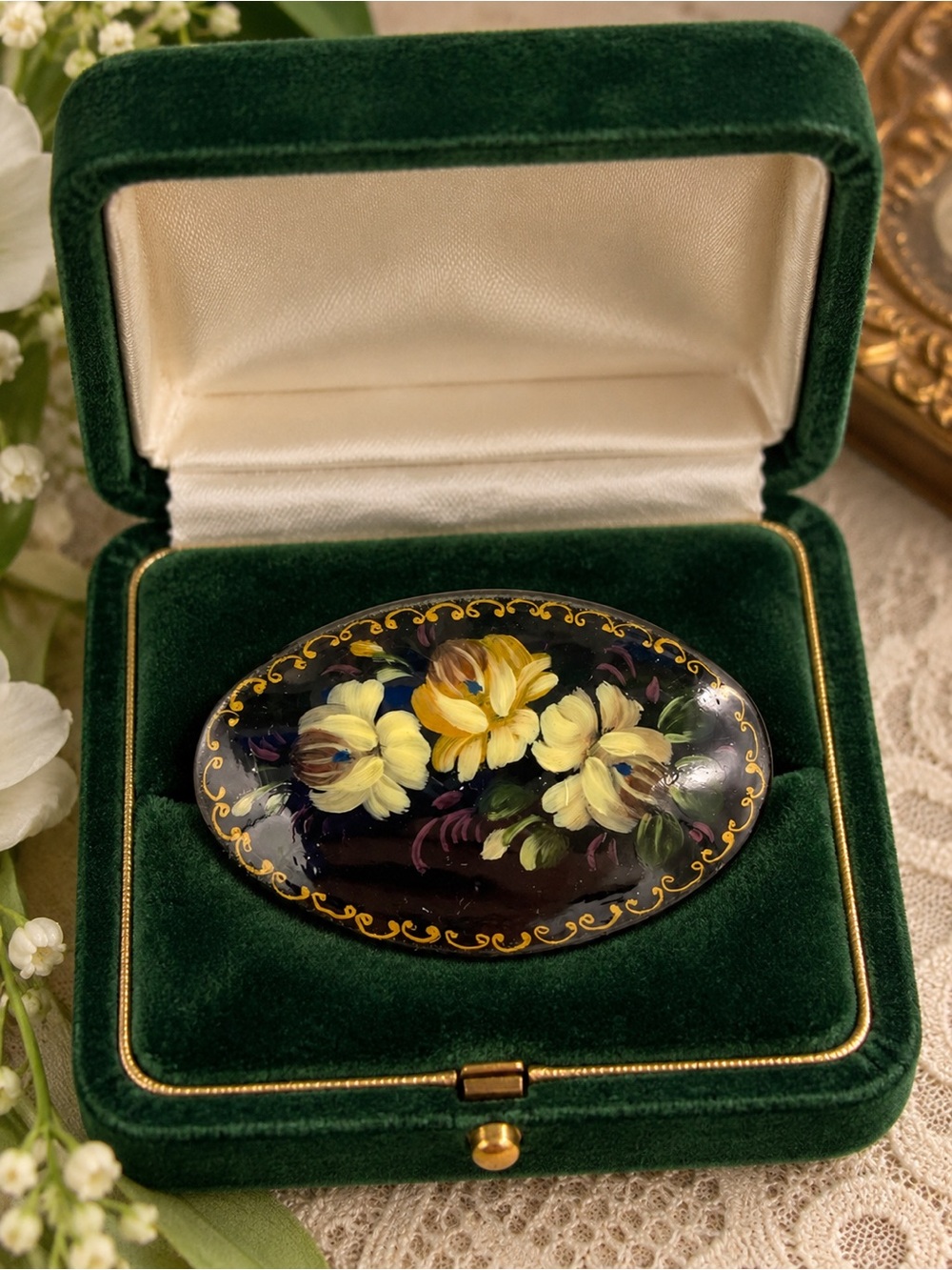 Russian Vintage Hand Painted Floral Oval Brooch Signed Artisan Made